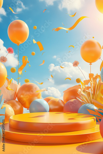 3d rendering of a podium with balloons and confetti in a blue sky background