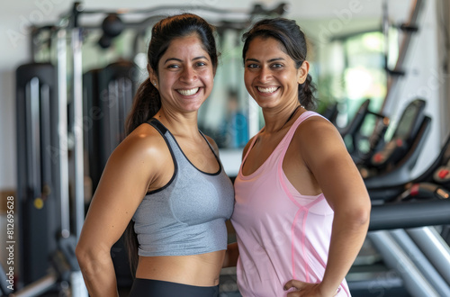 women standing in a gym, wearing black yoga pants and a pink top, smiling with one arm around the other lady's shoulder while holding a bottle © Kien