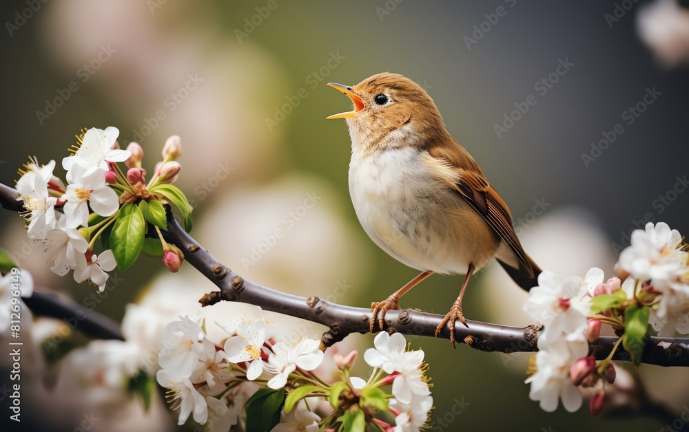 Fototapeta premium Common Nightingale singing melodiously perched atop a flowering bush, serene spring backdrop