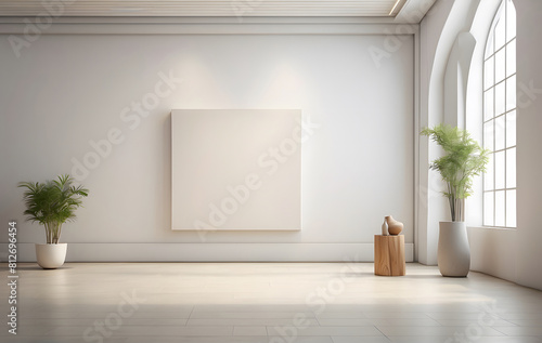 Empty blank of square mockup canvas on a white wall vintage  in an exhibition