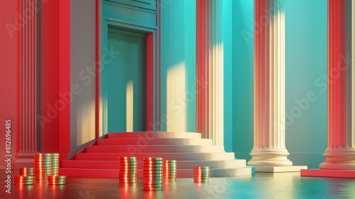 place with red and blue columns. There are some gold coins on the floor.