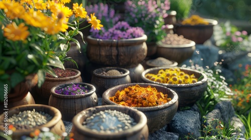 variety of herbs and flowers in clay pots. © Sodapeaw