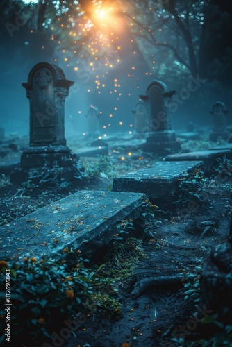 A cemetery with many tombstones and a bright light shining, AI