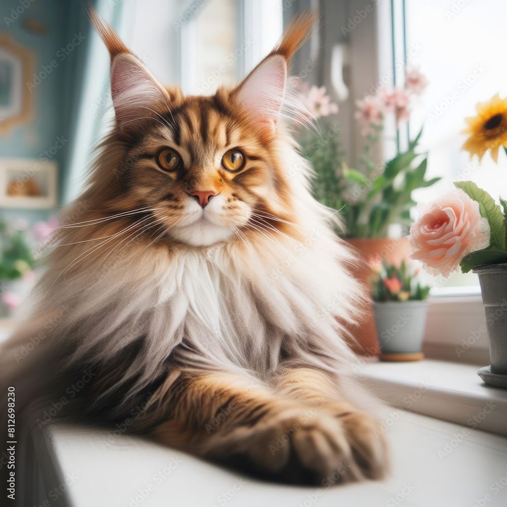 A maine coon cat sitting on a window sill image attractive has illustrative meaning illustrator A maine coon cat sitting on a window sill image attractive has illustrative meaning illustrator