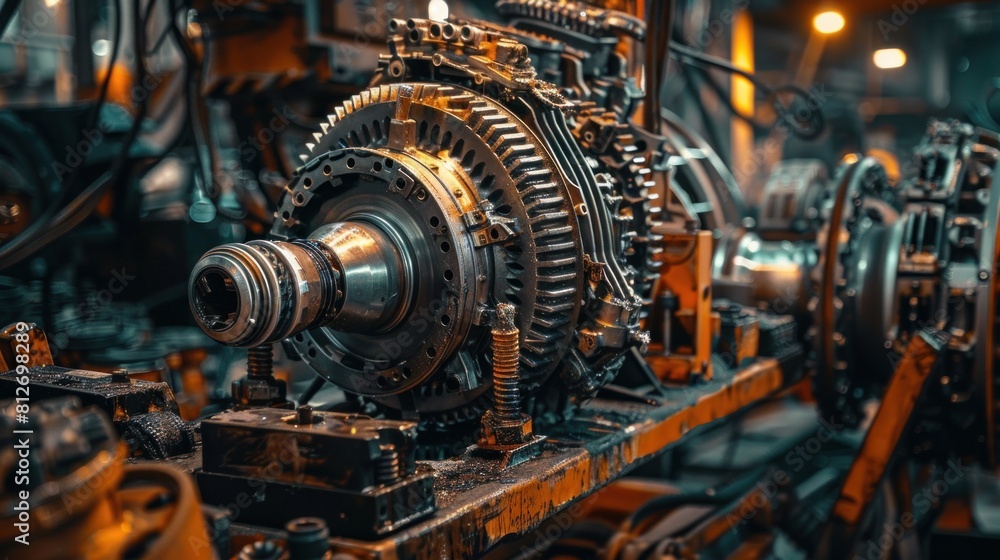A detailed view of a disassembled automatic transmission gear part laid out on a workbench in a garage A detailed view of a disassembled automatic transmission gear part laid out on a workbench in a garage