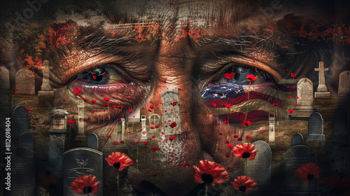 An emotional image capturing the reflection of an American flag in the teary eyes of a veteran with a backdrop of tombstones adorned with red poppies on Memorial Day.