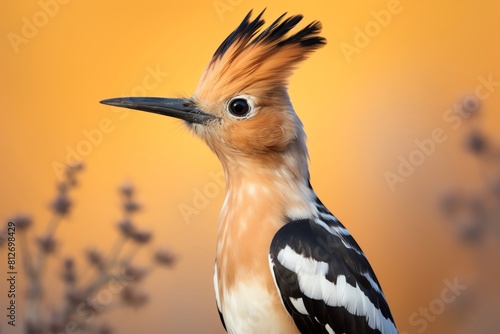 Single Hoopoe sitting on a sandy patch, crest displayed, desert like background offering a stark contrast