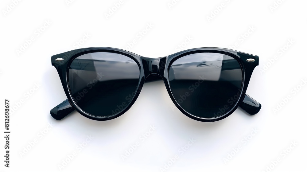 Cool sunglasses featuring a black plastic frame, isolated on a white background, perfect for a stylish