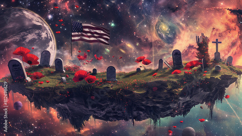 An otherworldly image of red poppies and tombstones on a floating island with an American flag waving majestically at the edge against a cosmic backdrop. photo