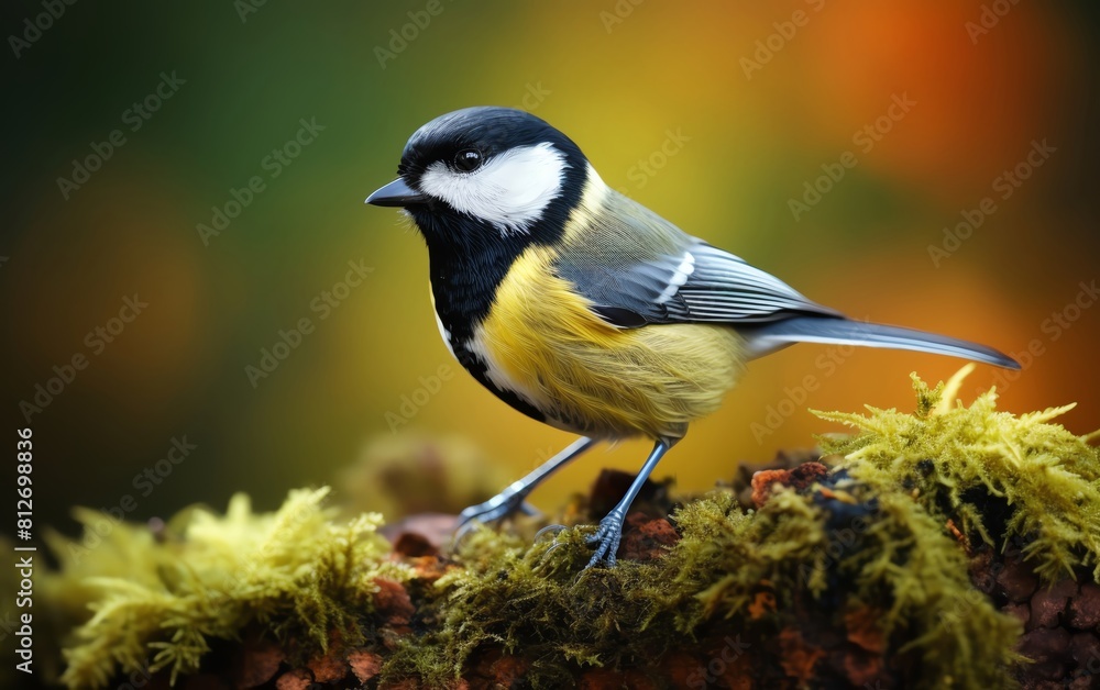 Obraz premium Close up of a Great Tit with a black head pecking at seeds, clear, detailed forest background
