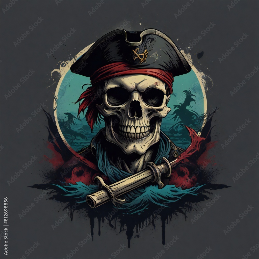pirate skull illustration, design for t-shirt, poster, sticker. Generative AI character theme design. pirate skull illustration, design for t-shirt, poster, sticker. Generative AI character theme design.