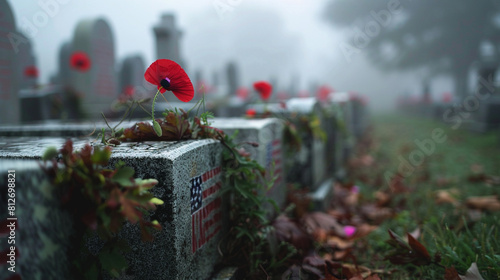 An intimate look at a row of tombstones fading into the distance each bearing a red poppy and an American flag captured on a foggy Memorial Day morning. photo