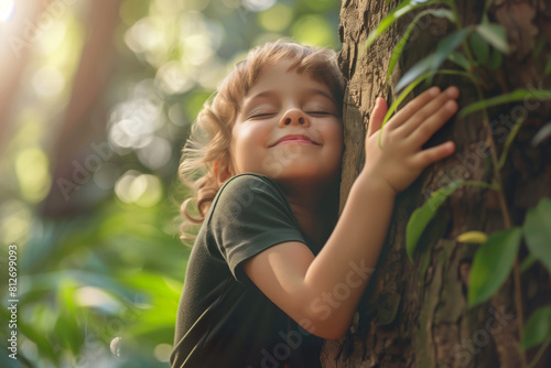 A little girl hugging a tree in the heart of a lush forest, conveying Earth Day and environmental care. ecosystem and healthy environment concept, earth day, save the world photo