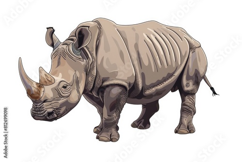 A drawing of a rhino standing on a white background. Suitable for educational materials