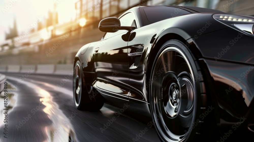 A dynamic front side view of a sleek black car executing a sharp turn, highlighting its design and speed