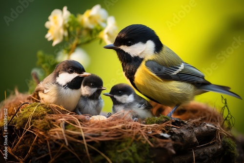 Great Tit with a glossy black head feeding young chicks in a hidden nest, intimate family moment
