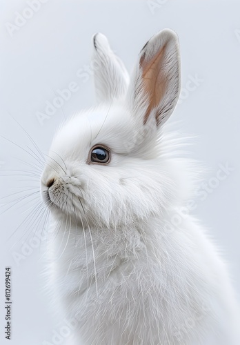 Fluffy Rabbits Curious Portrait A Study in Pristine White Fur and Inquisitive Eyes © toodlingstudio
