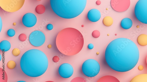 An array of playful spheres in various shades of pink and blue over a soft pastorial background © CStudio