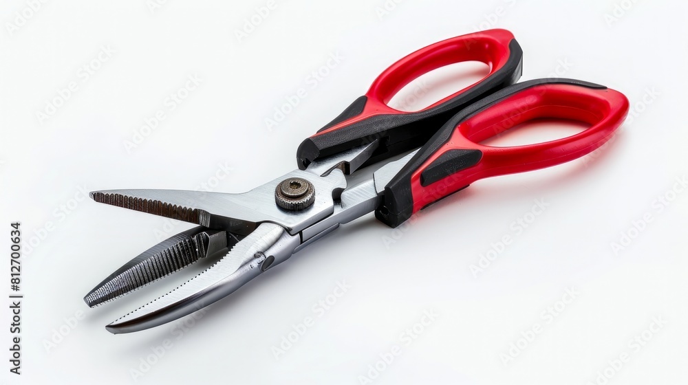 A pair of pliers with red and black handles, clearly isolated on a white background.
A pair of pliers with red and black handles, clearly isolated on a white background.