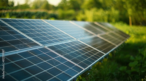Wallpaper Mural A close-up view of photovoltaic solar panels, with a lush green field in the background, highlighting renewable energy.

 Torontodigital.ca