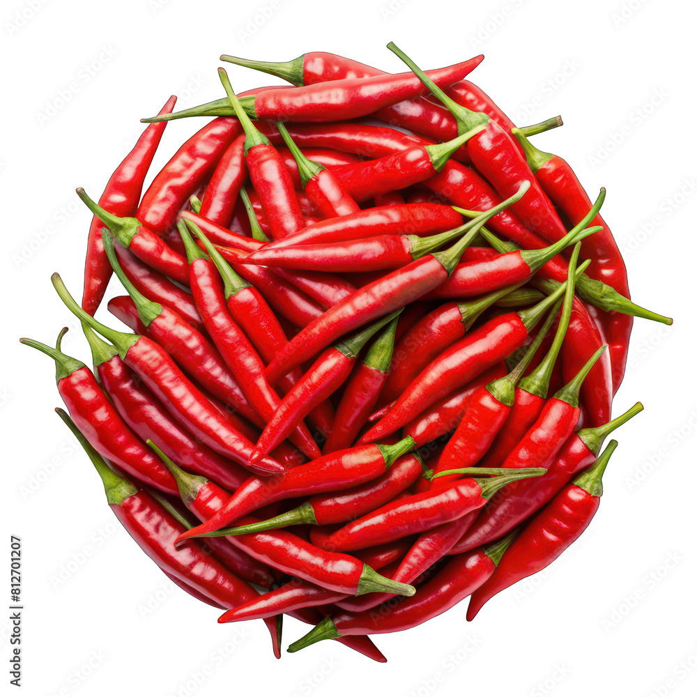 Several bright red chili peppers lie scattered across a clean white surface Several bright red chili peppers lie scattered across a clean white surface