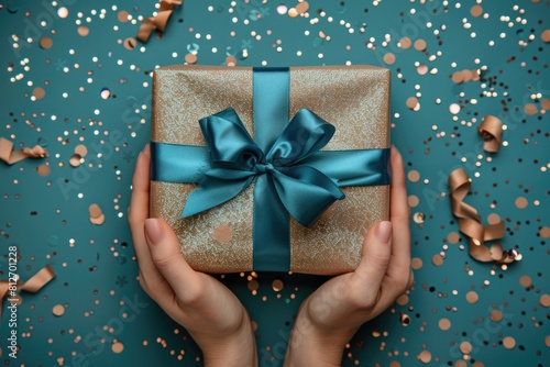 Unwrapping Joy: Hands Revealing Craft Paper Gift Box with Blue Satin Ribbon Bow