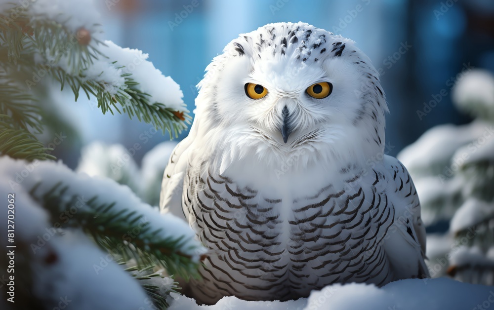 Obraz premium Snowy Owl with pristine white plumage perched on a snow covered pine, serene winter landscape