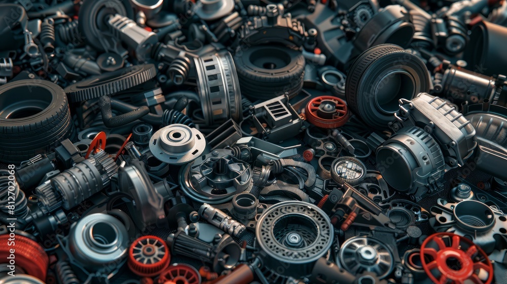Fototapeta premium An assortment of various car parts spread out, showing a range of components from a modern vehicle.