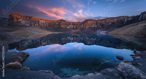 an eerie blue lake with a large hole in the middle  surrounded by white salt and reflecting mountains at sunset