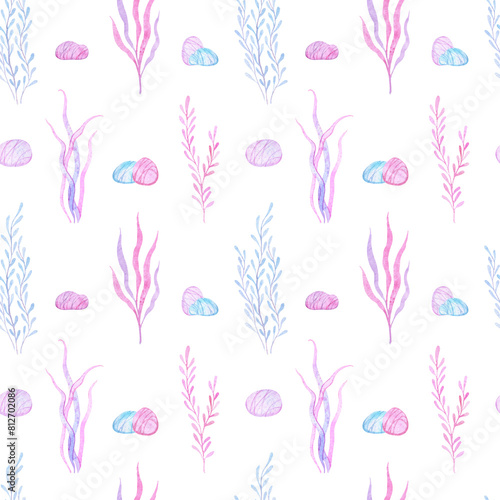 Watercolor seamless pattern with sea corals and stones. Cute print in pink and purple colors, underwater sea world, plants, corals, colored stones. Design and design of children's products.