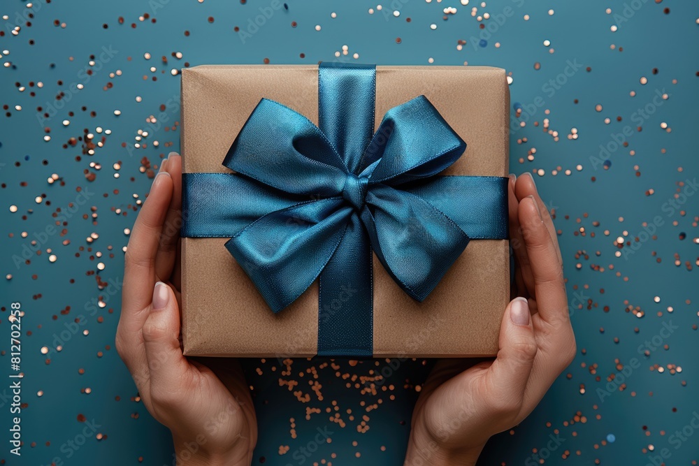 Unwrapping Joy: Hands Revealing Craft Paper Gift Box with Blue Satin Ribbon Bow Unwrapping Joy: Hands Revealing Craft Paper Gift Box with Blue Satin Ribbon Bow