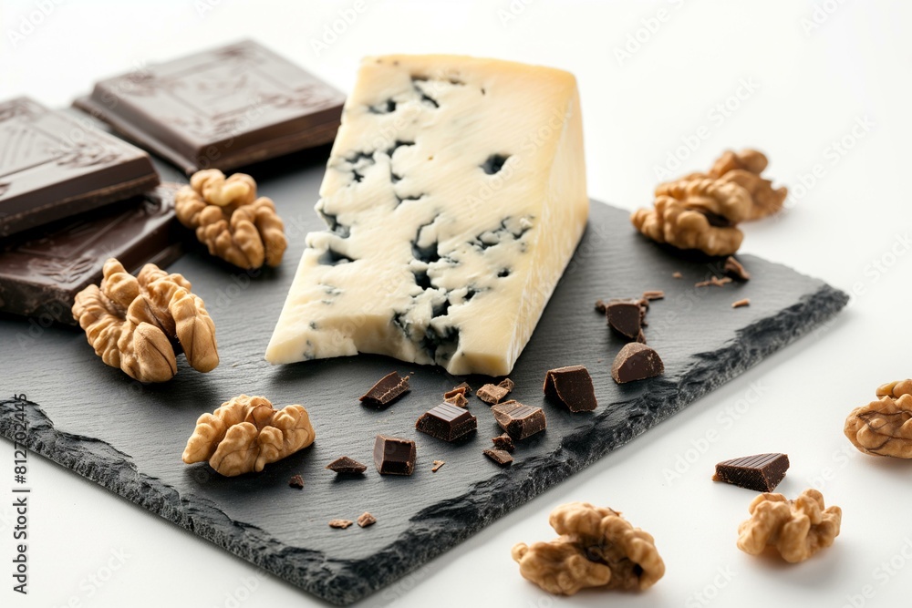 Elegant Display of Roquefort Cheese, Dark Chocolate, and Walnuts on Slate Board Elegant Display of Roquefort Cheese, Dark Chocolate, and Walnuts on Slate Board