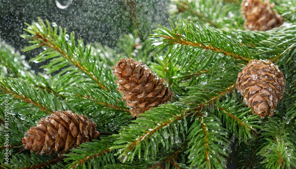 fir branches with snowflakes and pine cones close up