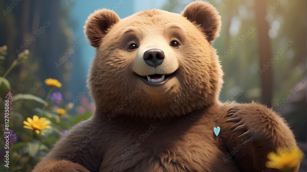 The bear seems content and at peace in its own skin, eager to bring happiness and laughter to anyone around it, as evidenced by its calm attitude and easygoing posture. The bear seems content and at peace in its own skin, eager to bring happiness and laughter to anyone around it, as evidenced by its calm attitude and easygoing posture.