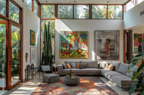 the interior design of an Indian home in Canggu, Bali with modern and eclectic decor. The living room features a large grey sofa, colorful art on walls, silver metal side tables, wooden accents, potte photo