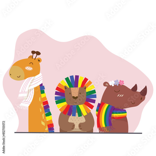 Group of cute giraffe,lion,and rhinoceros for LGBTQ+ concept. Vector illustration on white background