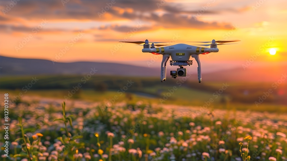 Smart agricultural drones monitoring crop health and vegetation on a scenic rural countryside landscape at sunset Smart agricultural drones monitoring crop health and vegetation on a scenic rural countryside landscape at sunset