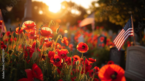 A poignant sunset casting warm light on red poppies American flags and white tombstones creating an evocative setting for Memorial Day wishes. photo
