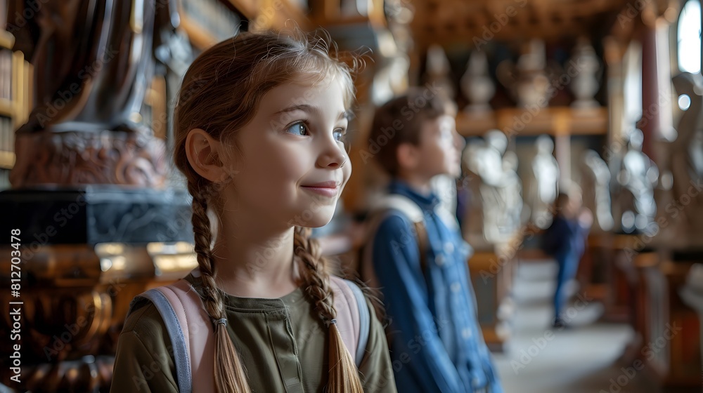 Young Student on Educational Museum Field Trip Exploring Historical Exhibits with Curiosity and Wonder