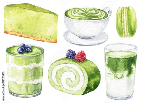 Matcha desserts and latte, cappuccino hand painted food illustration set (ID: 812703401)