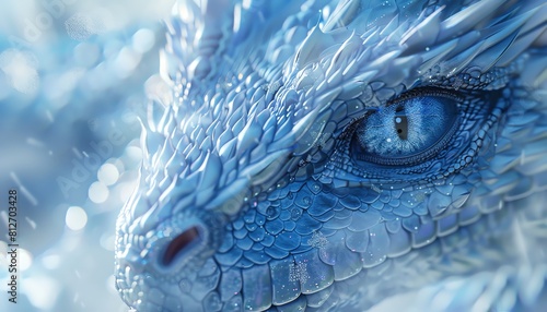 hyper-realistic close-up of a shimmering ice dragon sculpture, highlighting the sharp scales and piercing eyes with digital photorealistic techniques