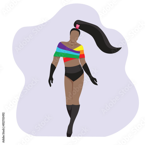 A confident transgender drag queen in rainbow and black outfit for LGBTQ+ concept. Vector illustration flat charactor on white background