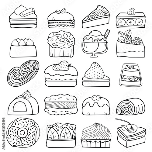 Cute sweet cakes and desserts collection on white background. Vector illustration hand drawn or doodle art style for cafe or bakery shop decoration