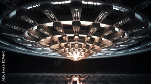 A detailed closeup of a UFOs underside, showing intricate light patterns and technology, perfect for detailed studies or speculative engineering content