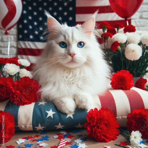 A white cat sitting on a pillow surrounded by red and white flowers image attractive used for printingcard design illustrator. photo