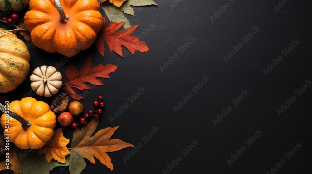 Autumn decoration concept made from autumn leaves and pumpkin on dark background. copy space Autumn decoration concept made from autumn leaves and pumpkin on dark background. copy space