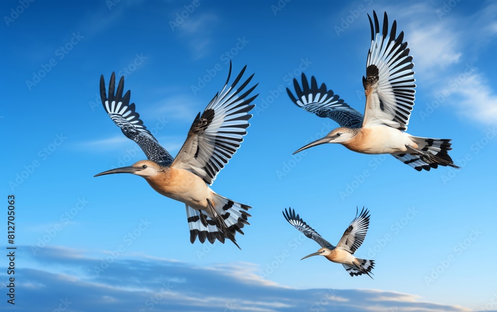 Fototapeta premium Hoopoe in flight, crest splayed dramatically, detailed wing pattern, clear blue sky behind