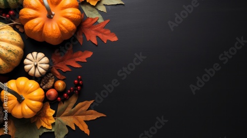 Autumn decoration concept made from autumn leaves and pumpkin on dark background. copy space