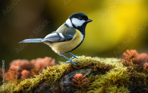 Close up of a Great Tit with a black head pecking at seeds, clear, detailed forest background