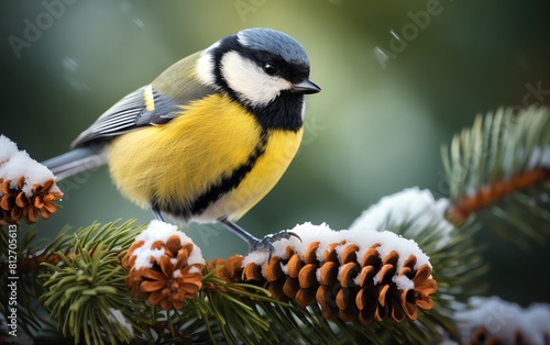 Great Tit with a striking black head nestled in a snowy pine, winter landscape enhancing its colors photo